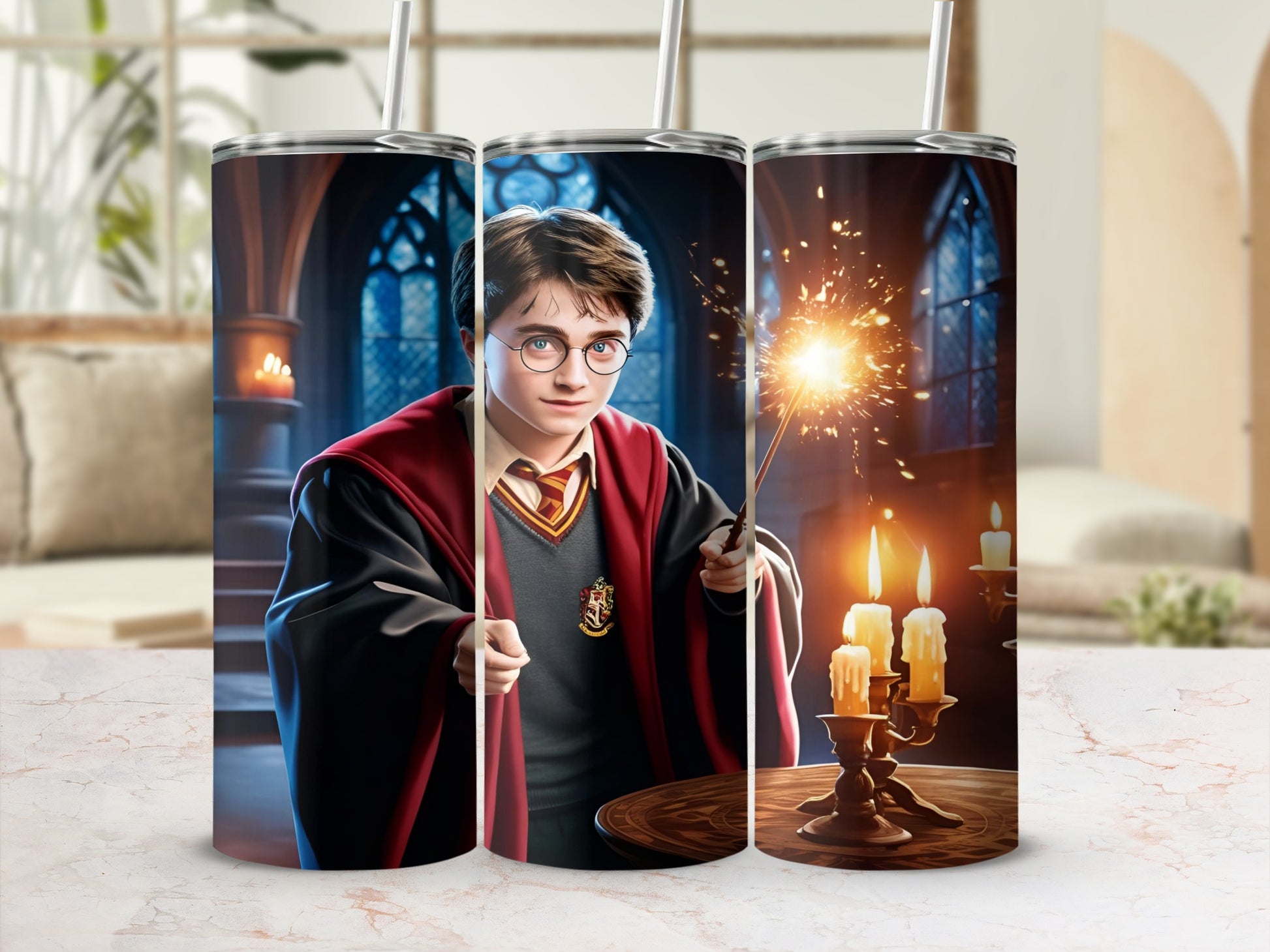 Harry Potter in Gryffindor robes holding a wand, with a candlelit candelabra.