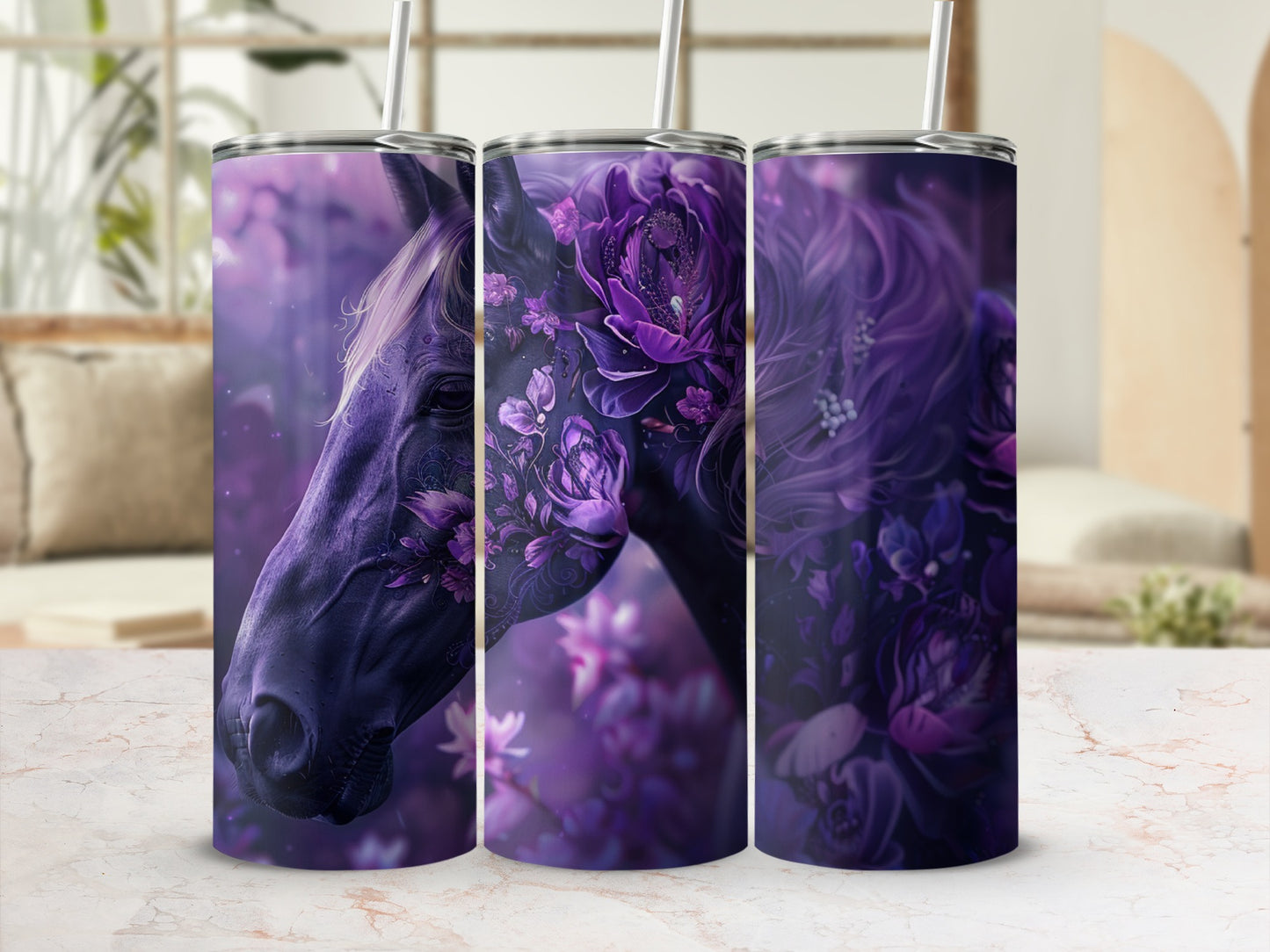 Purple horse head adorned with flowers on a tumbler.