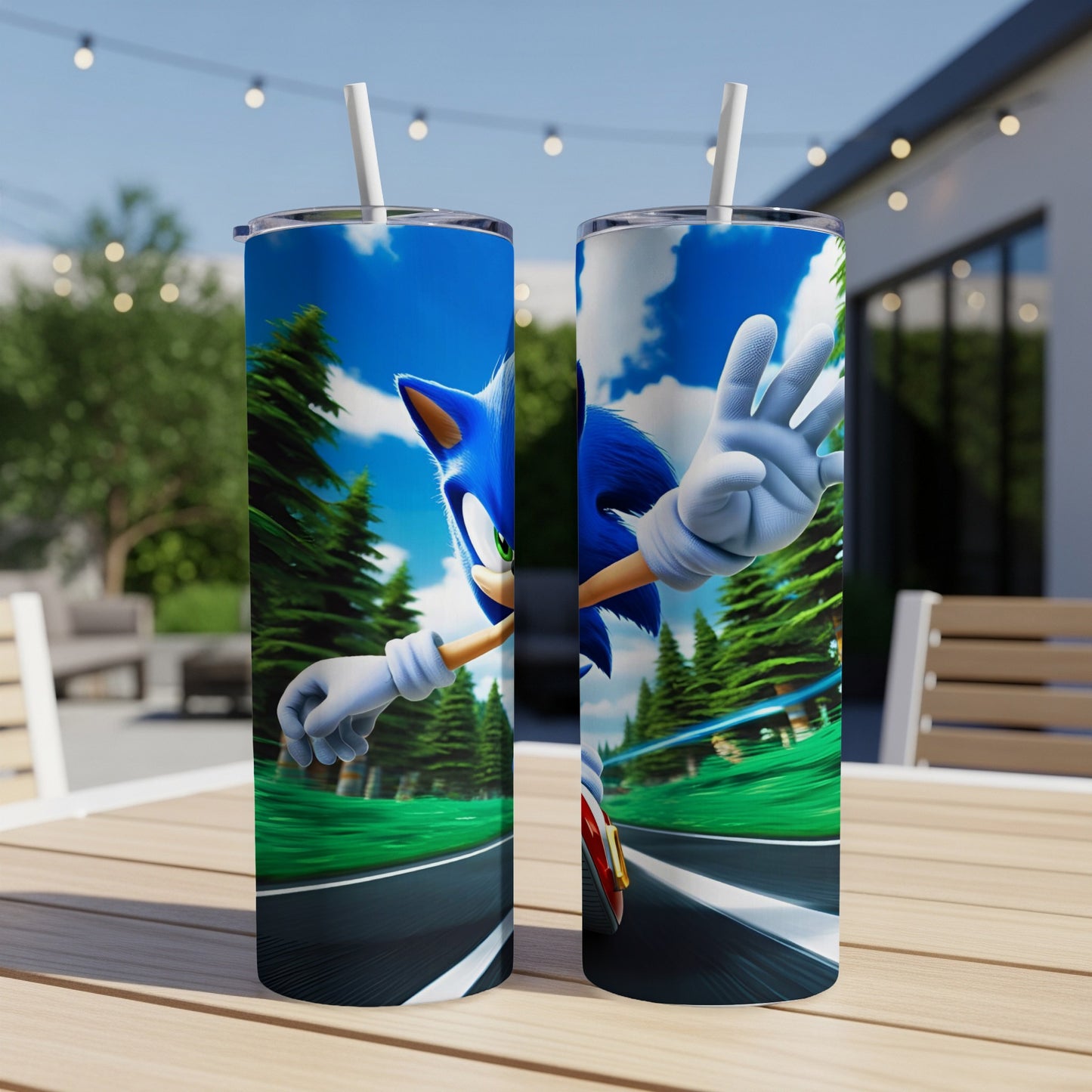 Sonic the Hedgehog running on a road surrounded by trees.