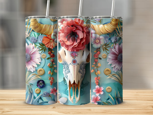 Skull and floral design on three tumblers.