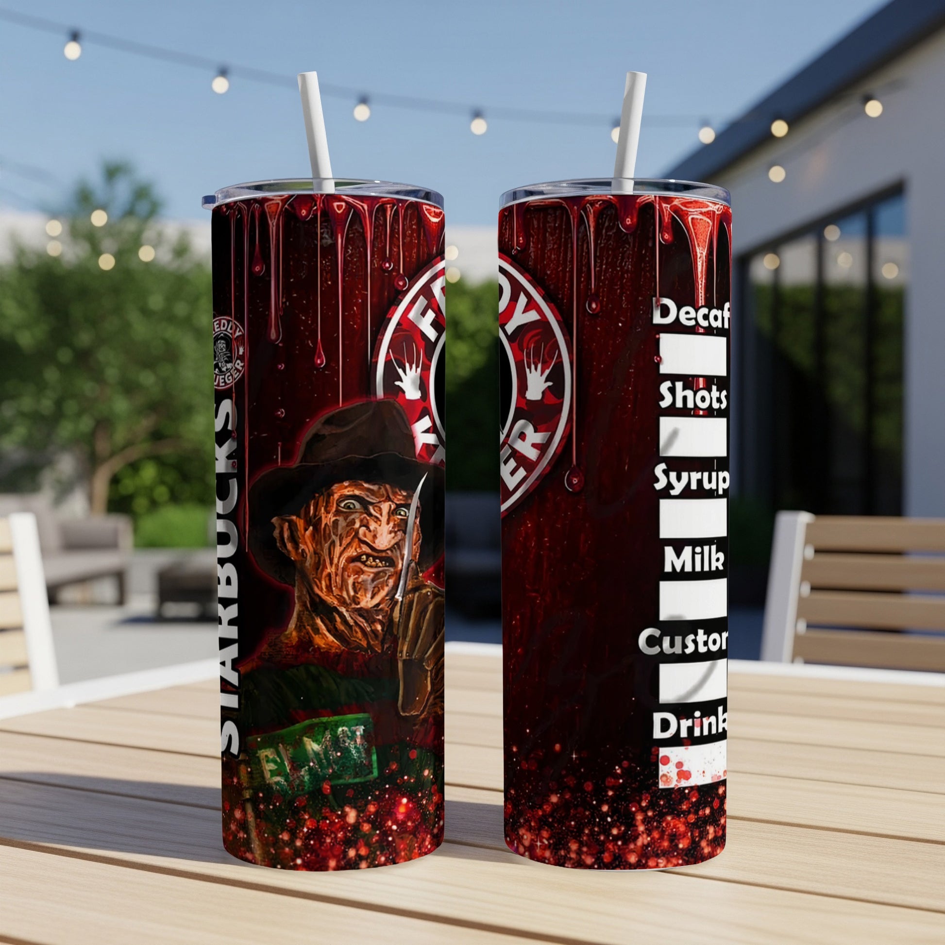 Freddy Krueger and Starbucks logo on a dark red, dripping design tumbler.