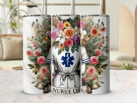 Floral nurse tumbler with stethoscope and "Nurse Life" ribbon.