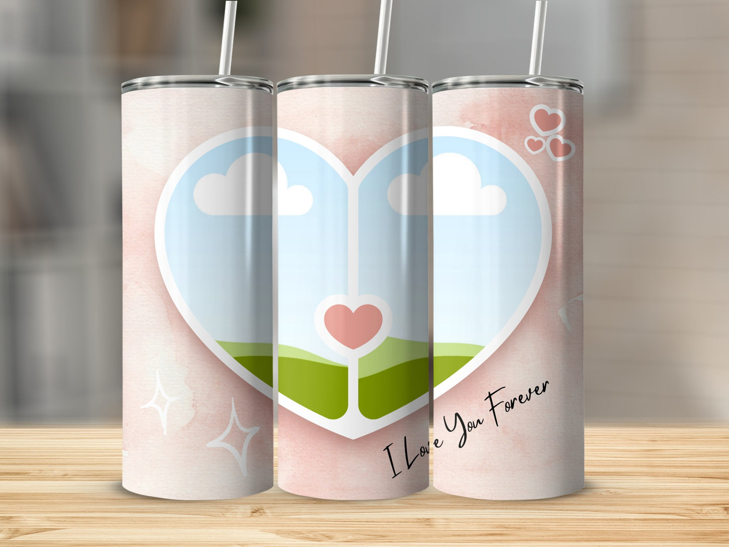 Three tumblers with pink watercolor background and heart design, one says "I Love You Forever".