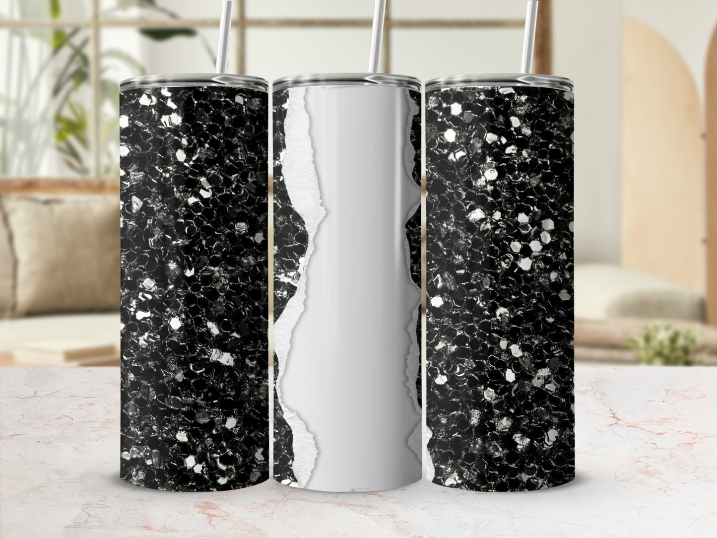Three tumblers with a speckled black glitter design and a torn paper effect.