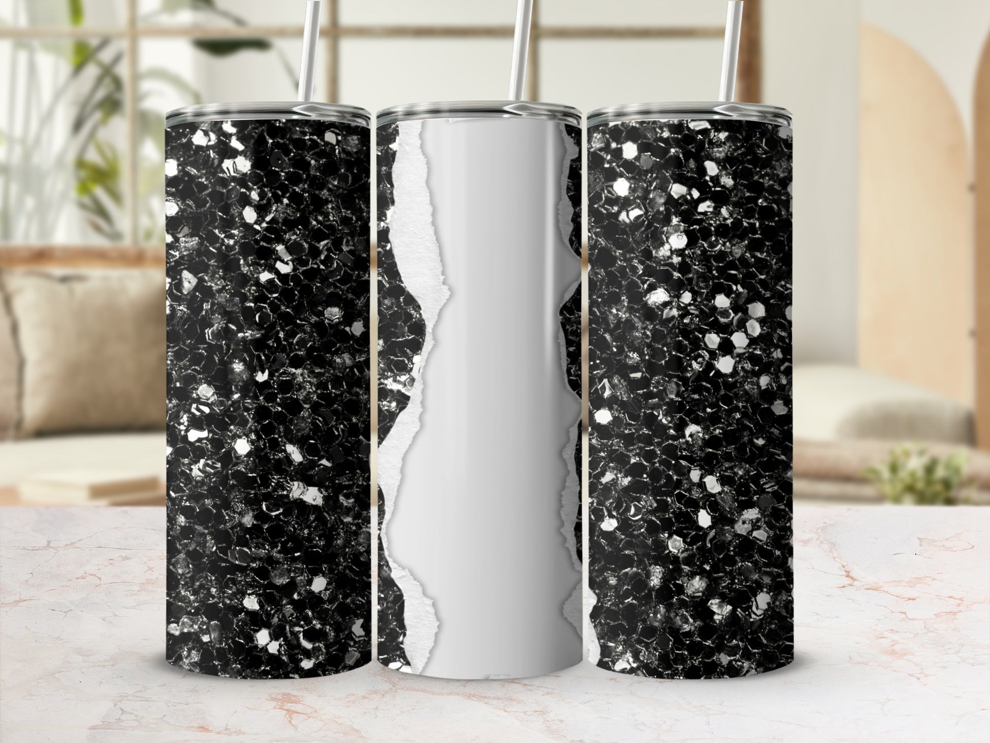 Three tumblers with a speckled black glitter design and a torn paper effect.