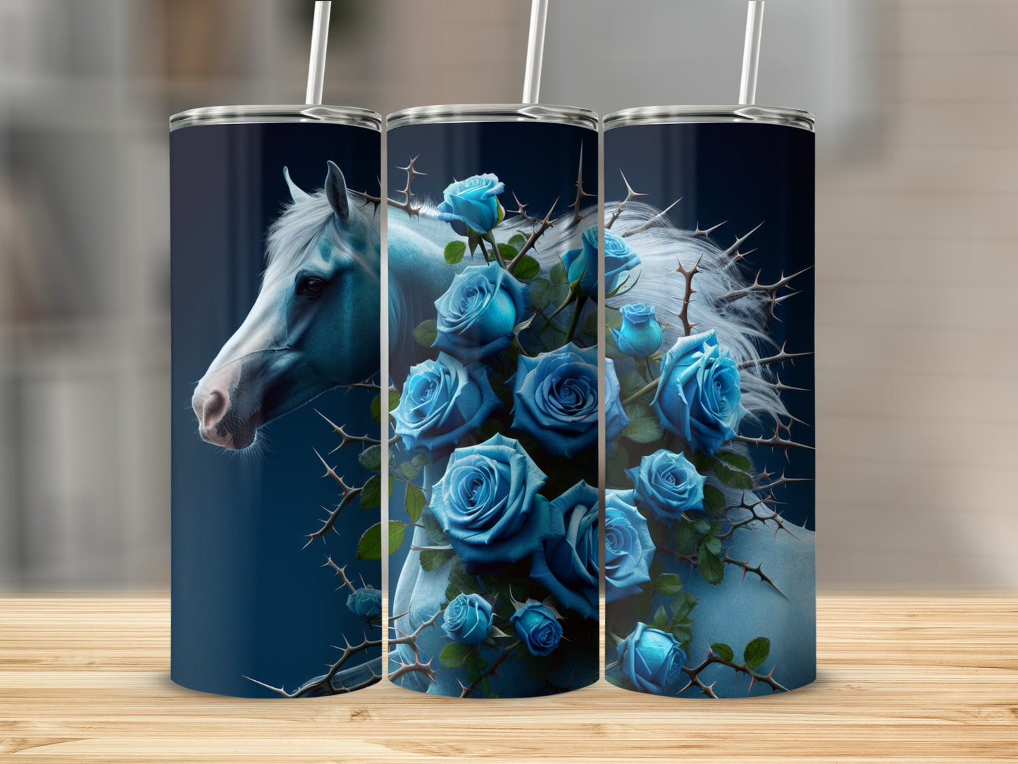 White horse with blue roses and thorns on a navy tumbler.