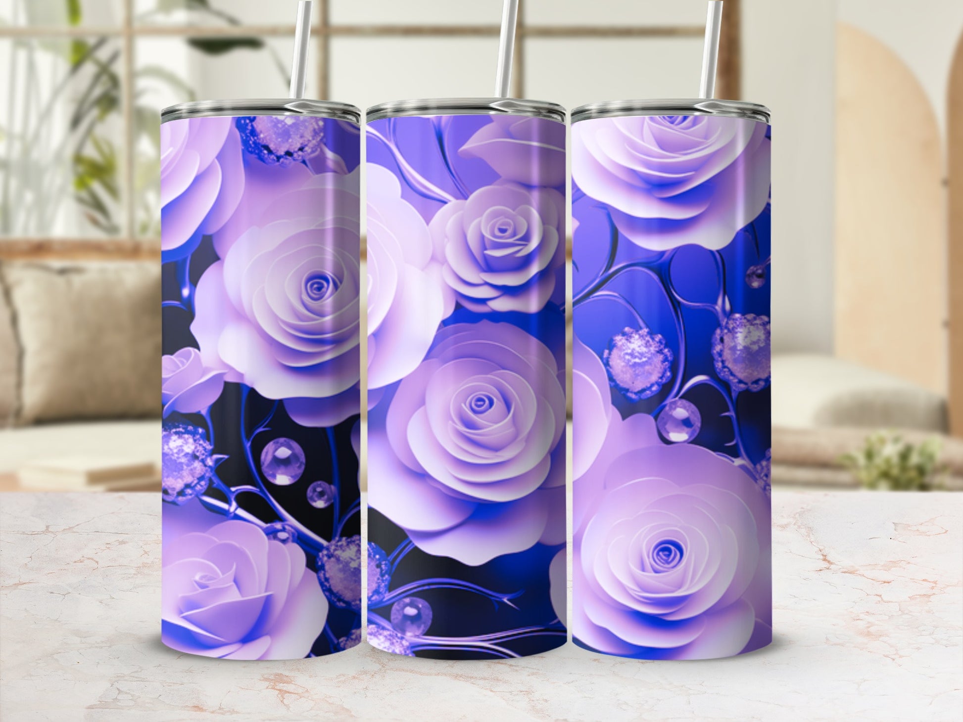 Three tumblers with purple rose and crystal designs.