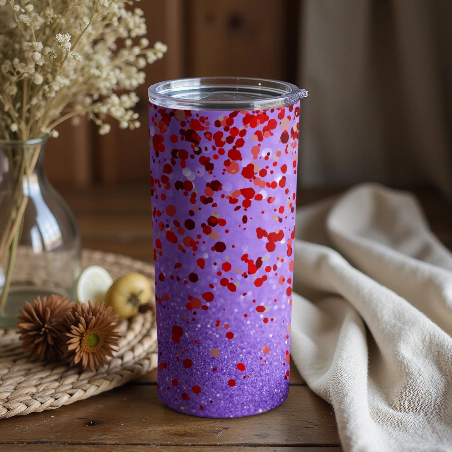 Vibrant Purple Tumbler with Red and Orange Splatter Finish