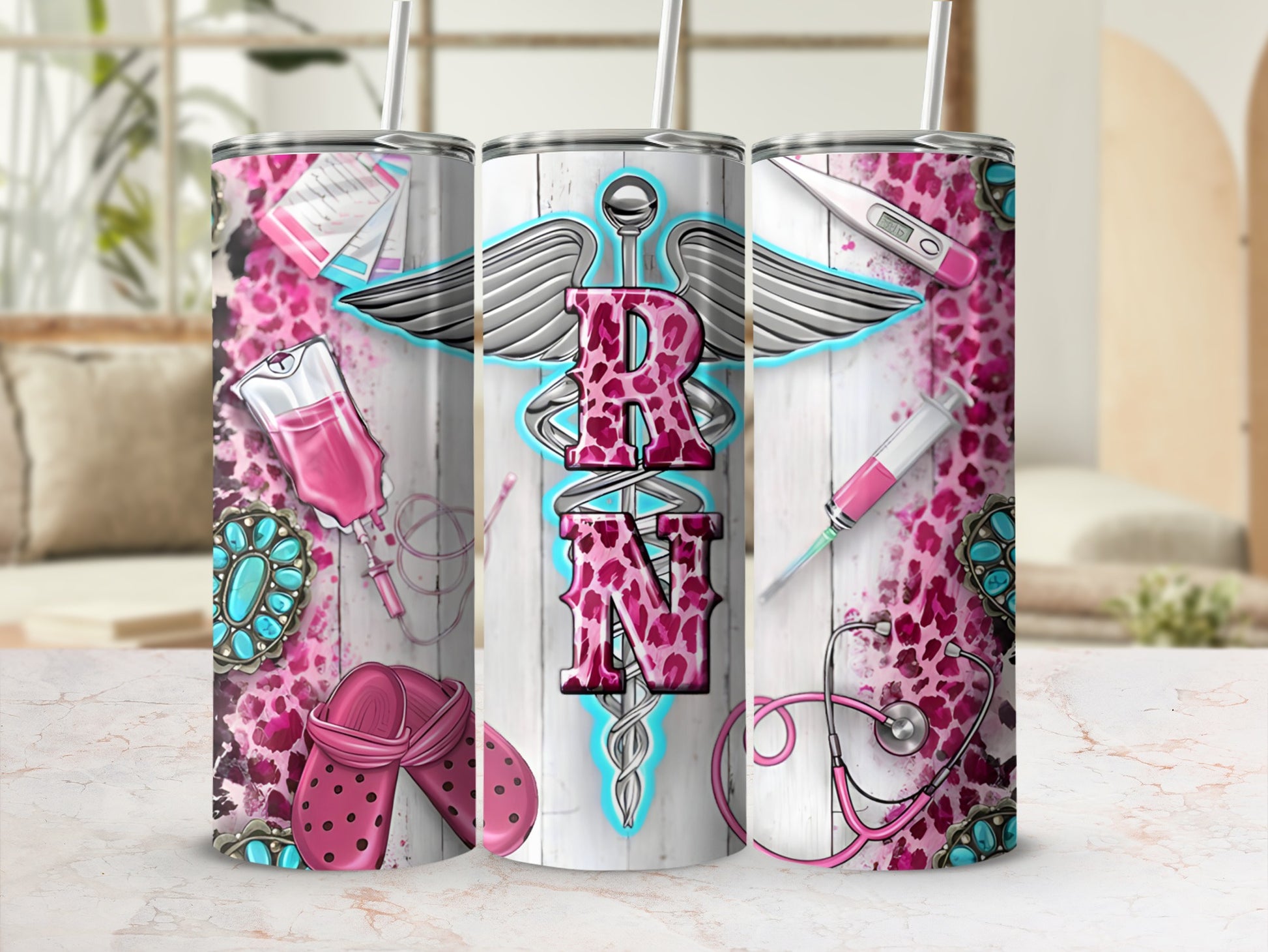 RN leopard print tumbler with medical symbols and pink scrubs.