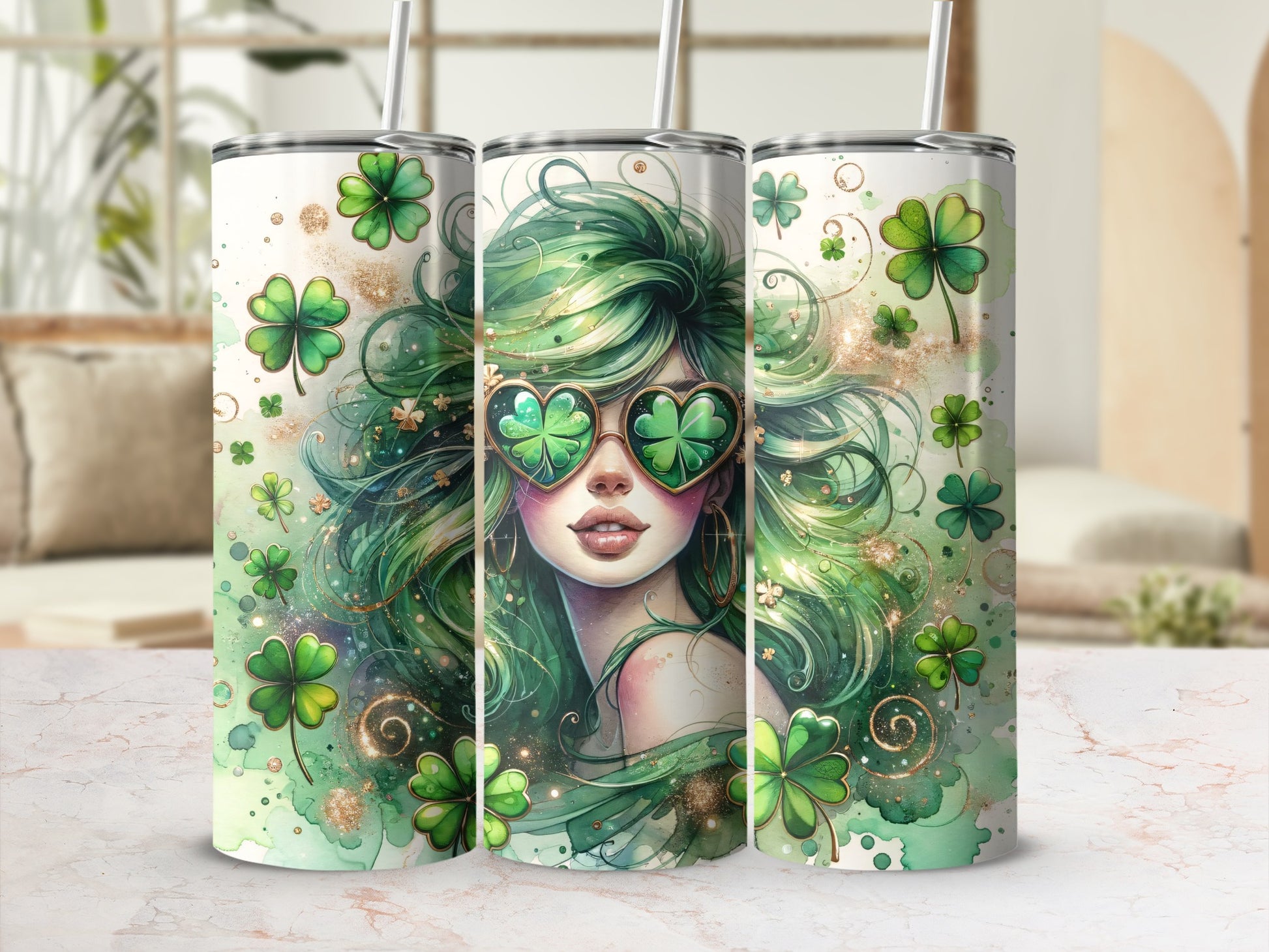 Green-haired woman with clover heart sunglasses, surrounded by shamrocks and glitter.