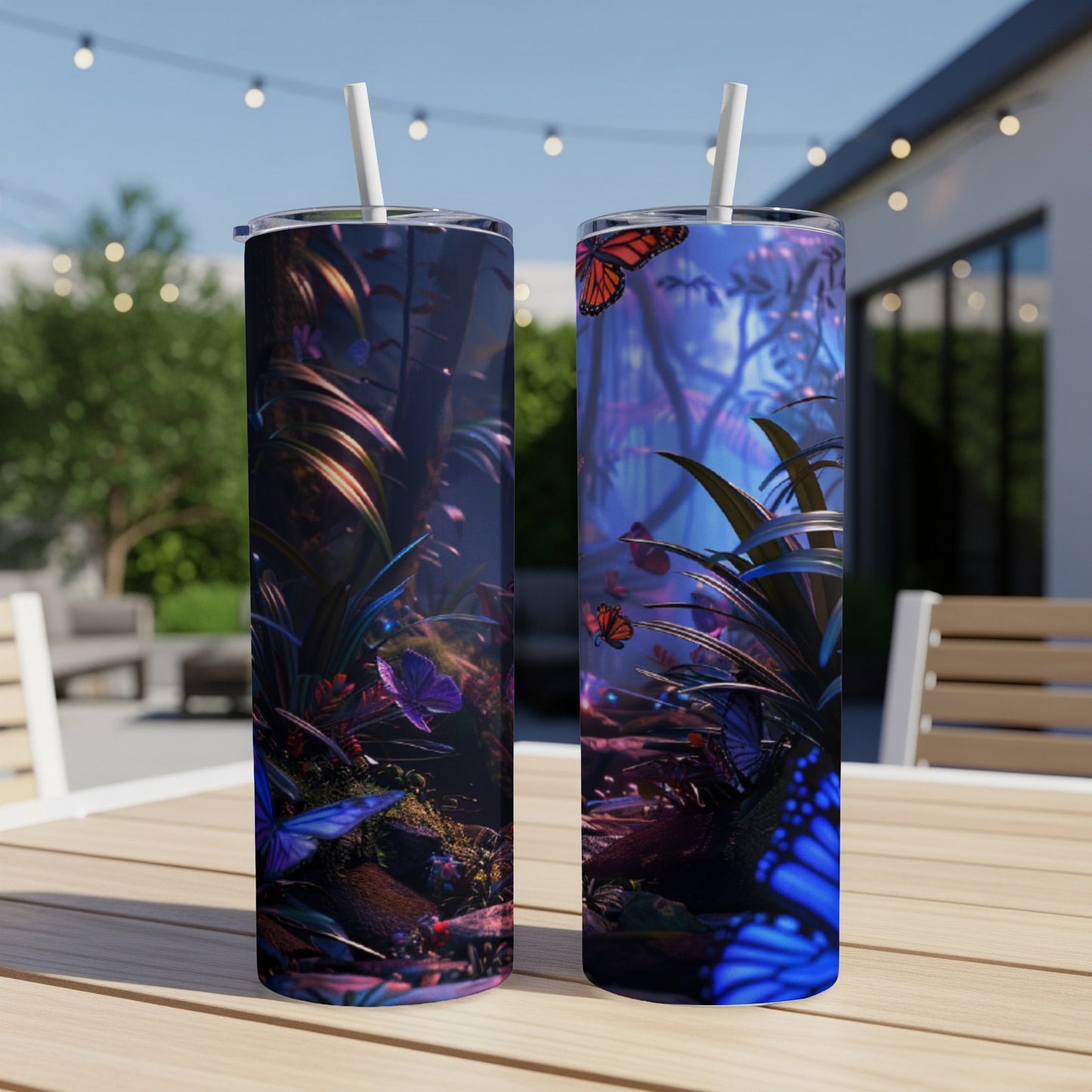 Two tall tumblers with a vibrant, dark forest scene featuring butterflies.