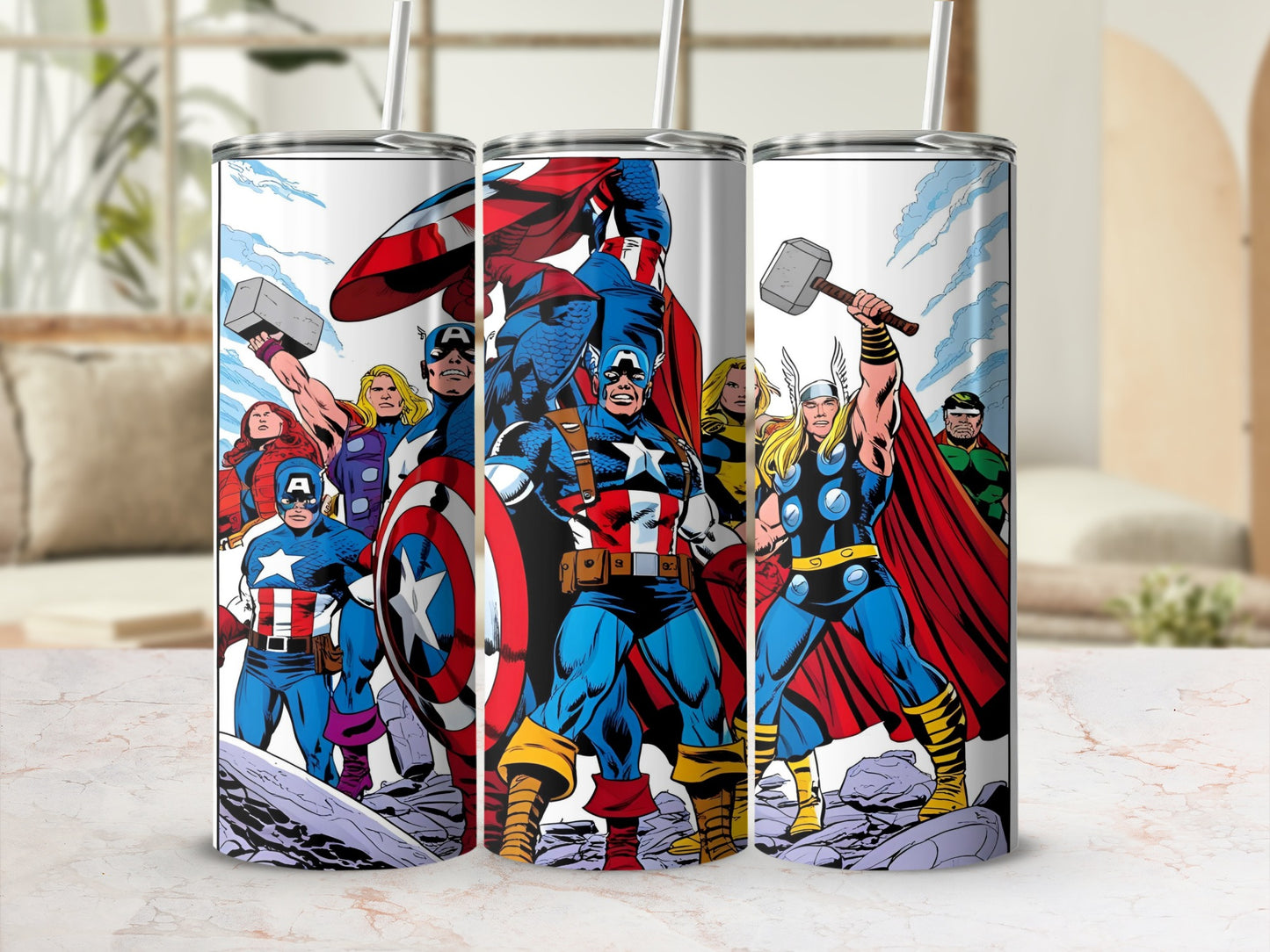 Avengers assembled on tumblers with Thor, Captain America, and Hulk.