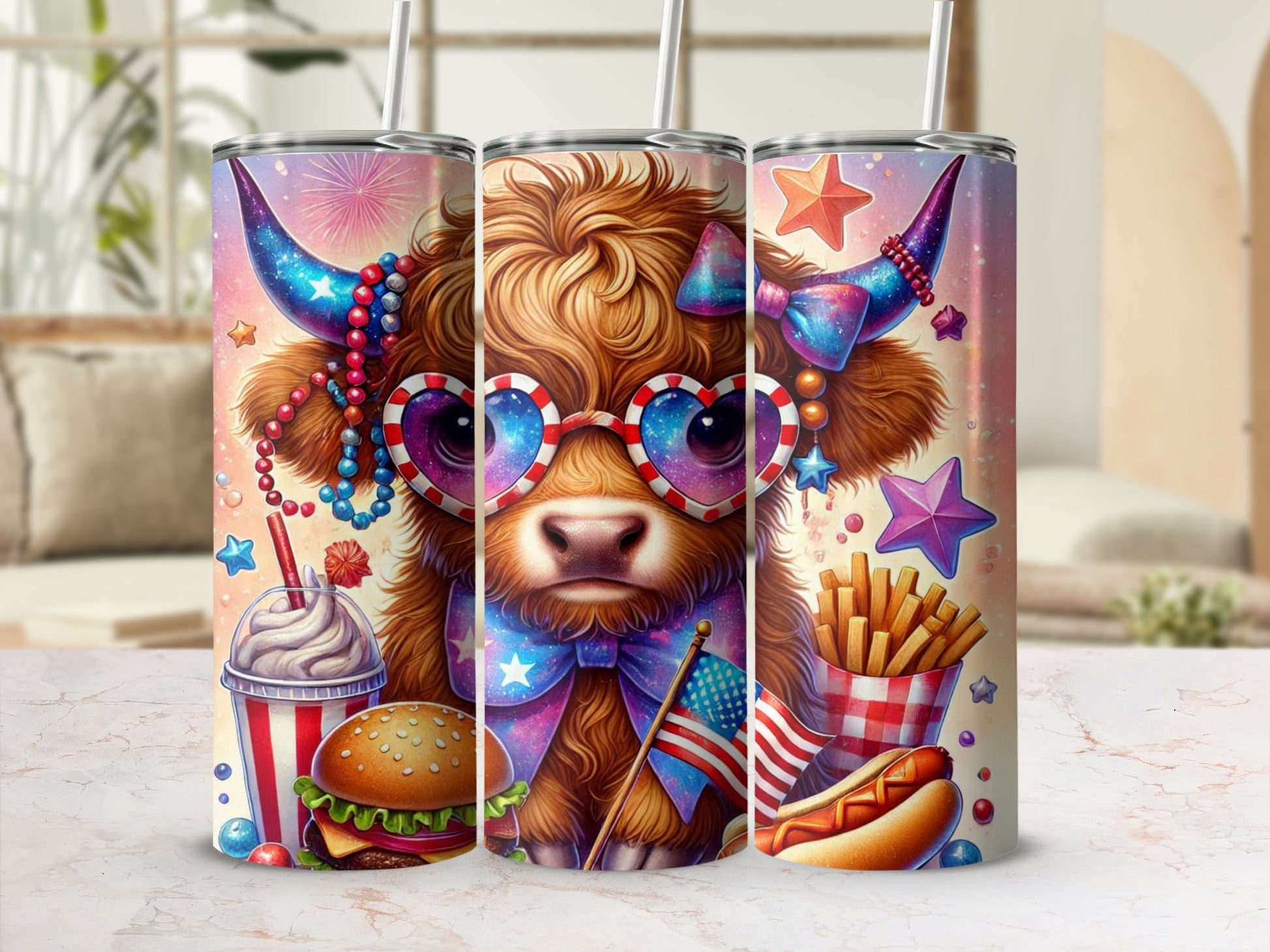 Cow with patriotic sunglasses and fast food items on a tumbler.