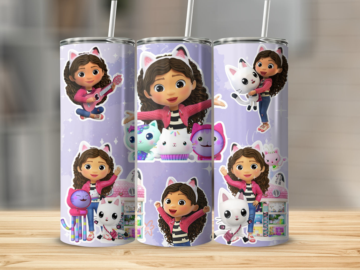 Cartoon Character with Cats on Purple Kids Tumbler Cup