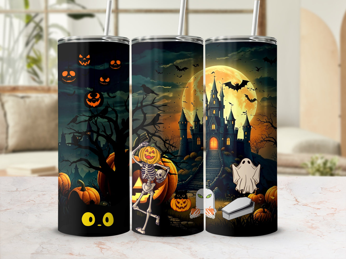 Halloween tumblers with spooky castle, pumpkins, skeleton, ghost, and black cat designs.