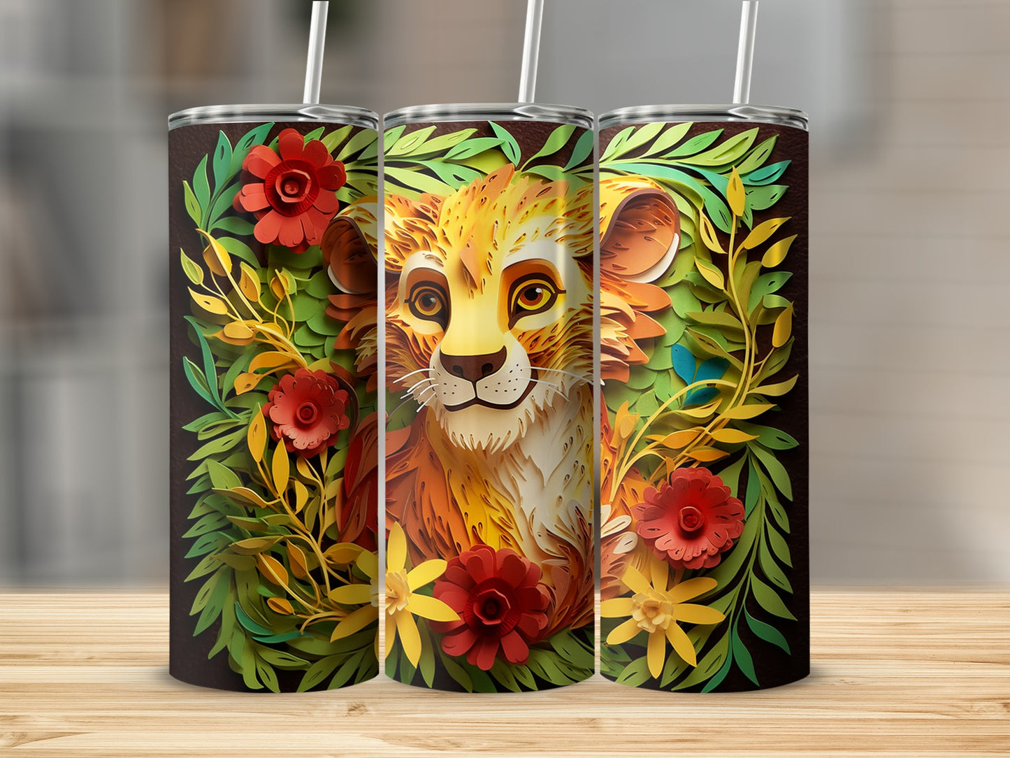 Vibrant Lion Cub with Flowers Design Tumbler