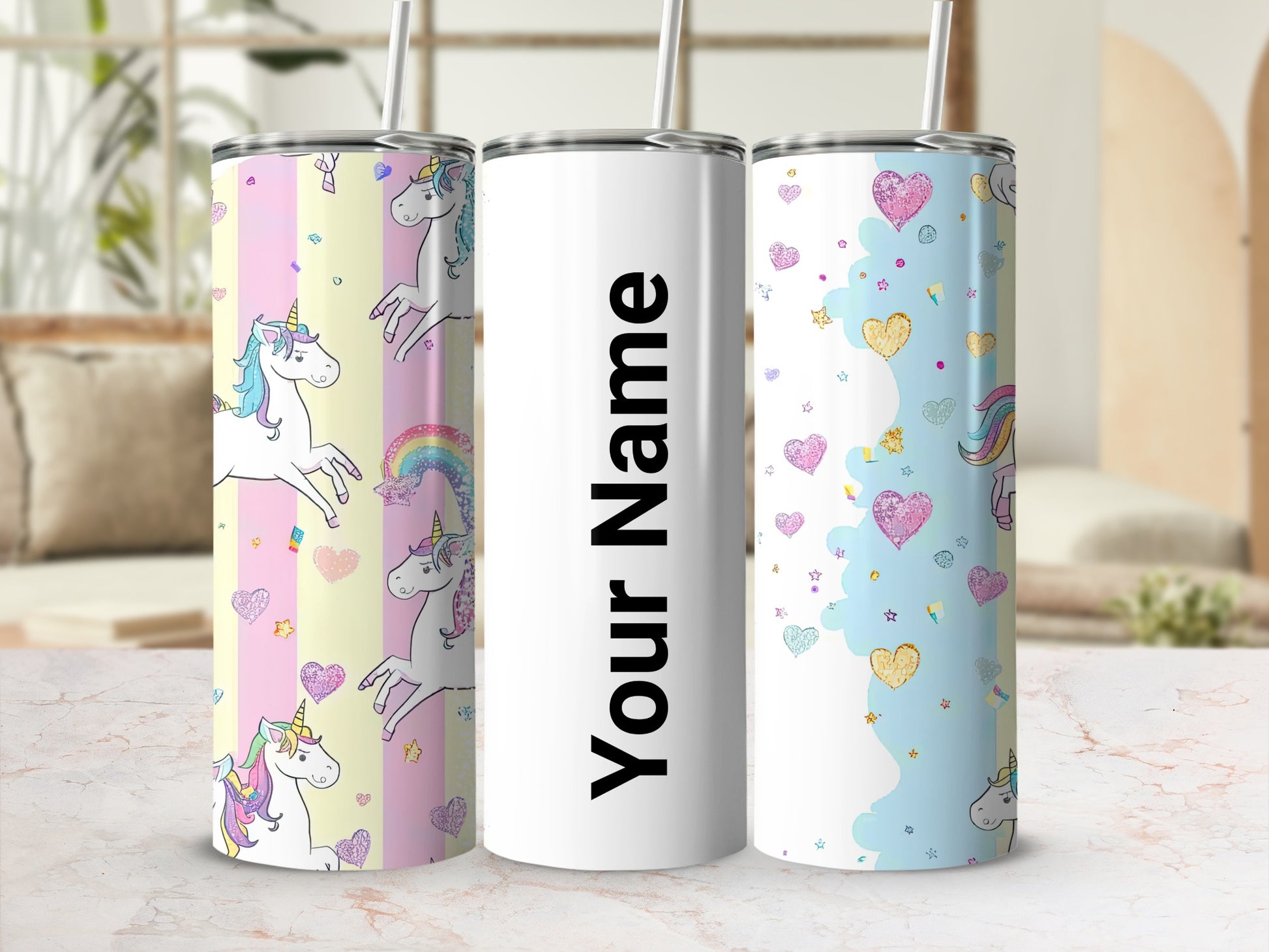 Personalized Unicorn Design Tumbler with Rainbow Hearts