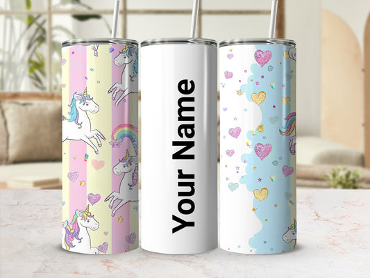 Personalized Unicorn Design Tumbler with Rainbow Hearts