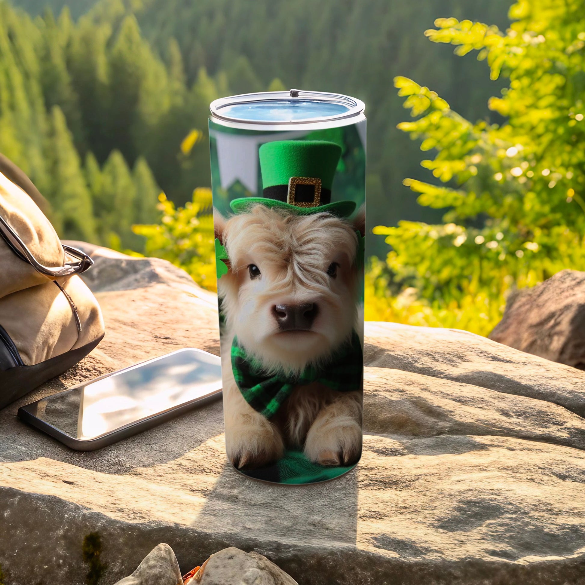 Cute Highland Cow in Green Hat Travel Tumbler Cup