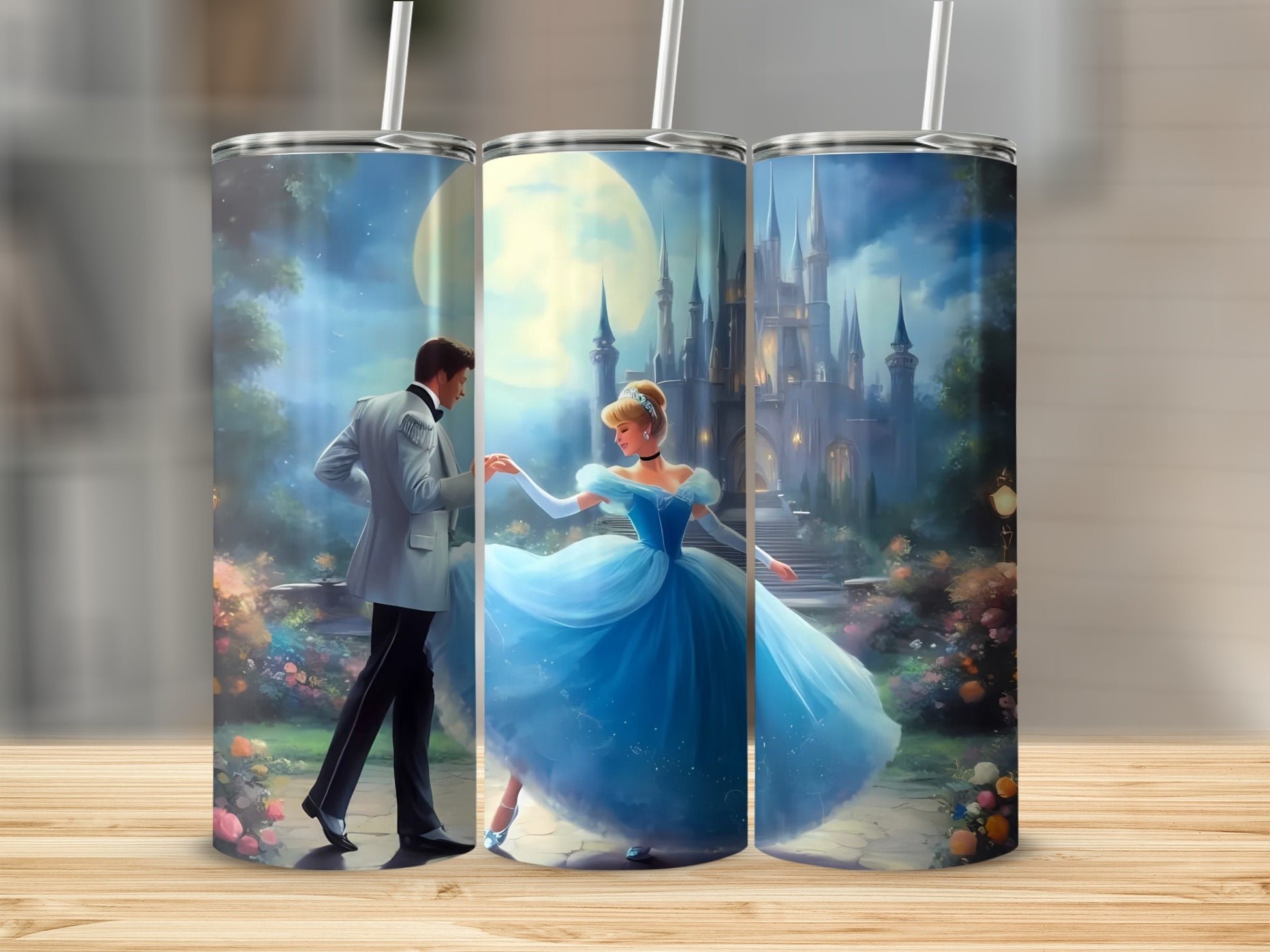 Cinderella and Prince Dancing in Front of Castle Tumbler