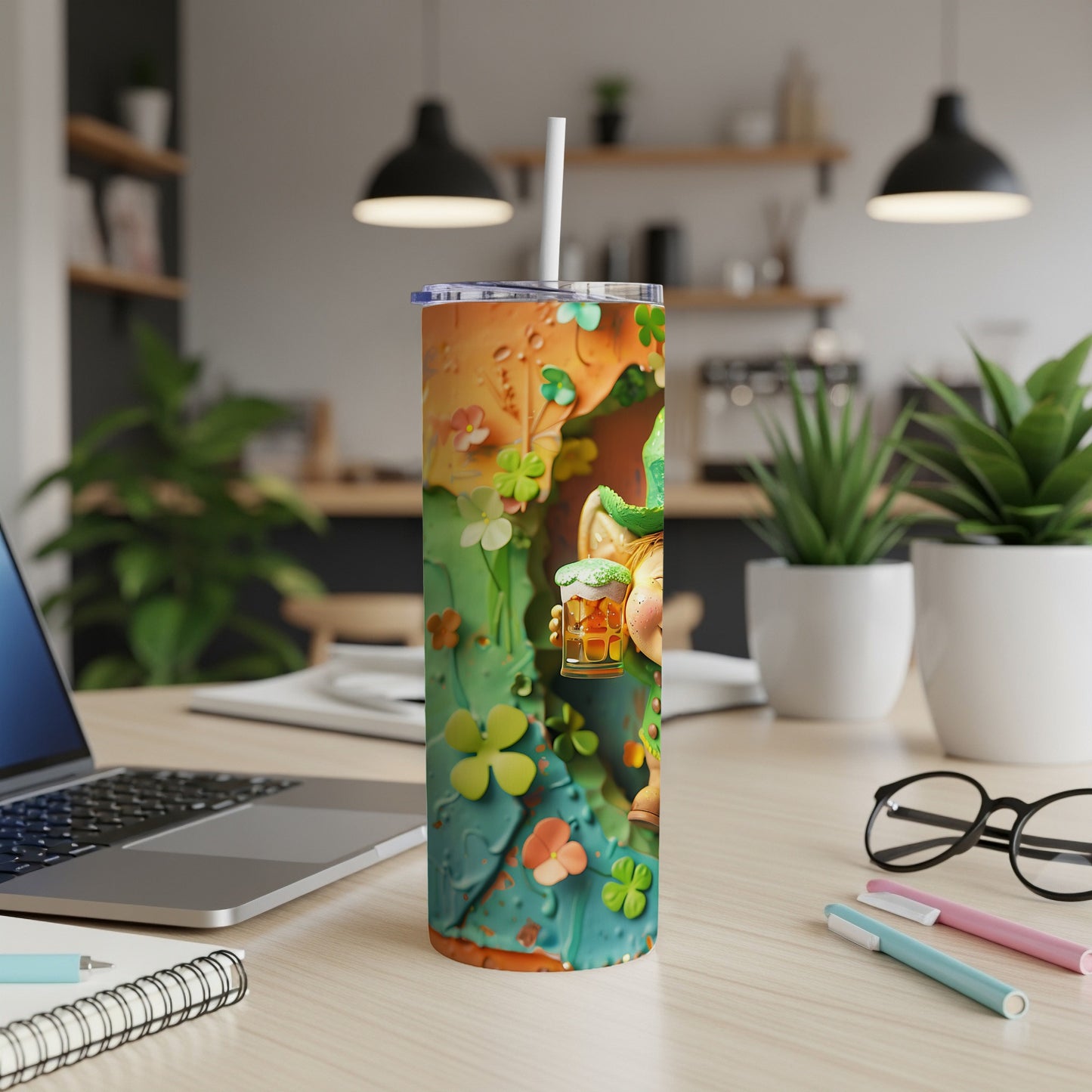 Leprechaun holding a beer mug with shamrocks on a tumbler.