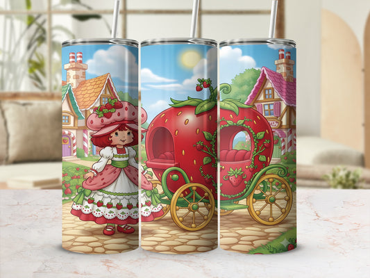 Strawberry Shortcake character beside a strawberry carriage in a village.