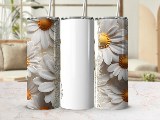 White tumbler with daisy floral pattern and silver glitter accents.