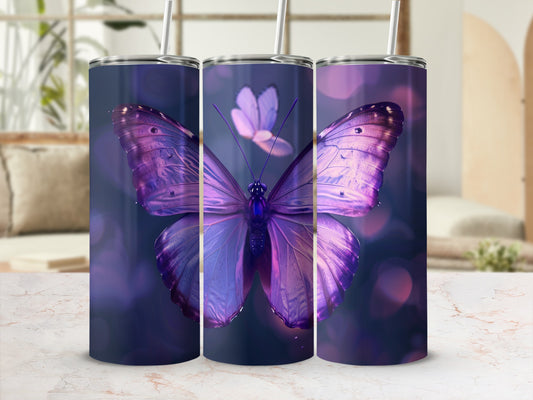 Three tumblers featuring a purple butterfly with bokeh background.