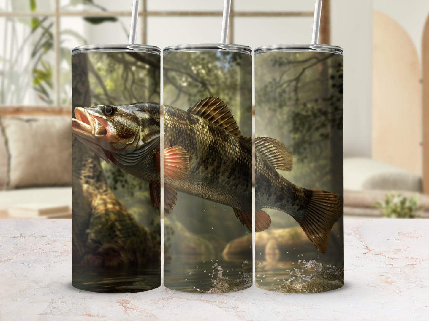 Largemouth bass leaps from water with trees and branches in background.