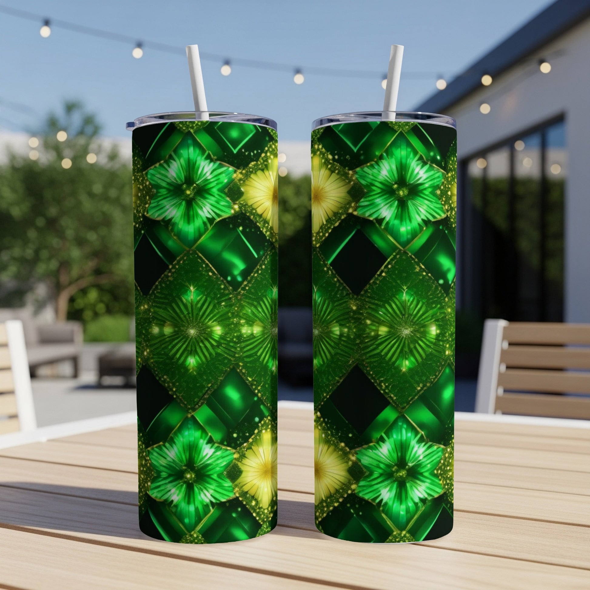 Two green tumblers with a geometric floral pattern, resting on a wooden table.