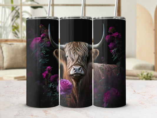 Highland cow surrounded by vibrant pink flowers on a black tumbler.