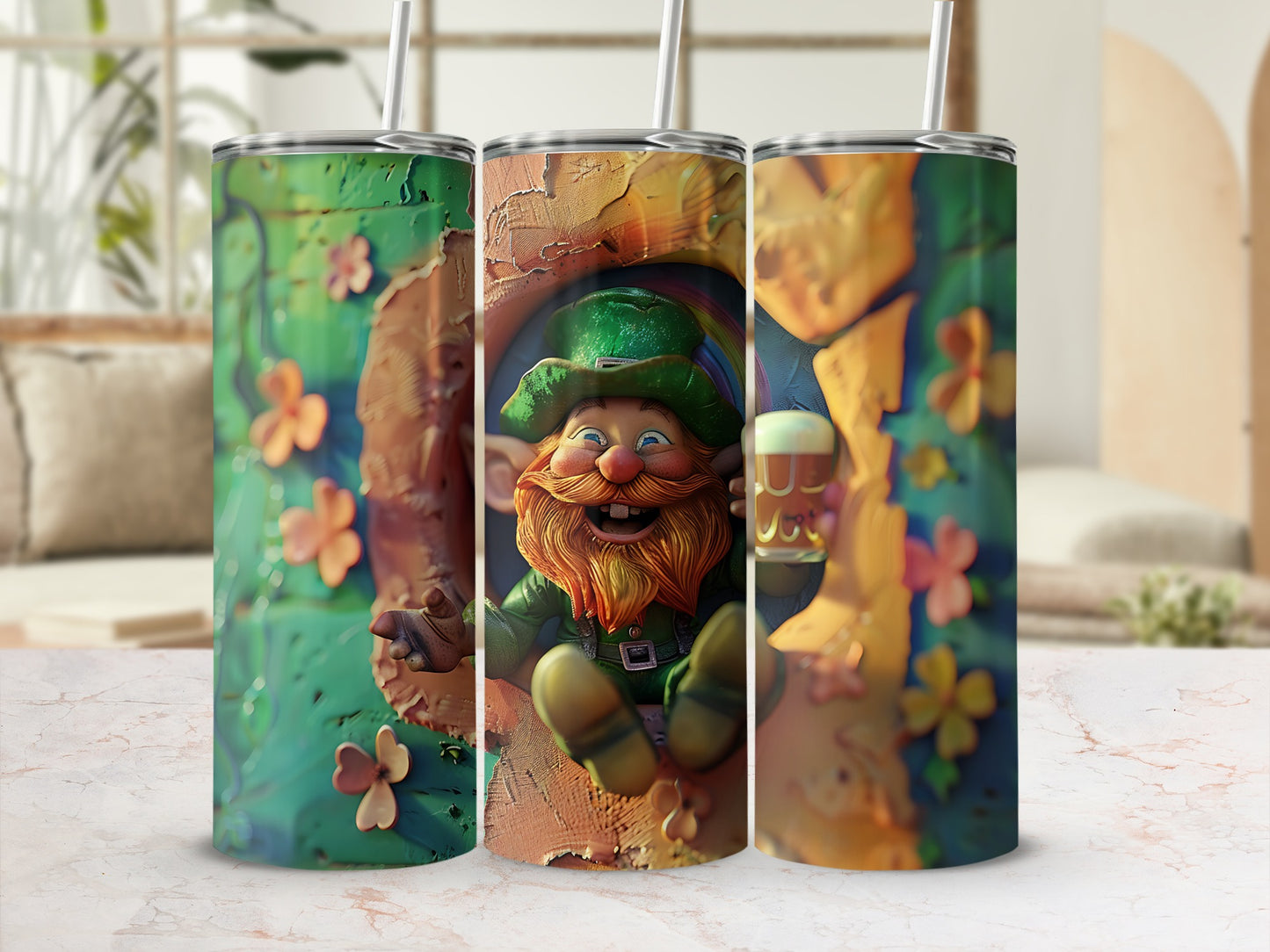 Three tumblers featuring a leprechaun holding a beer with a rainbow and shamrocks.
