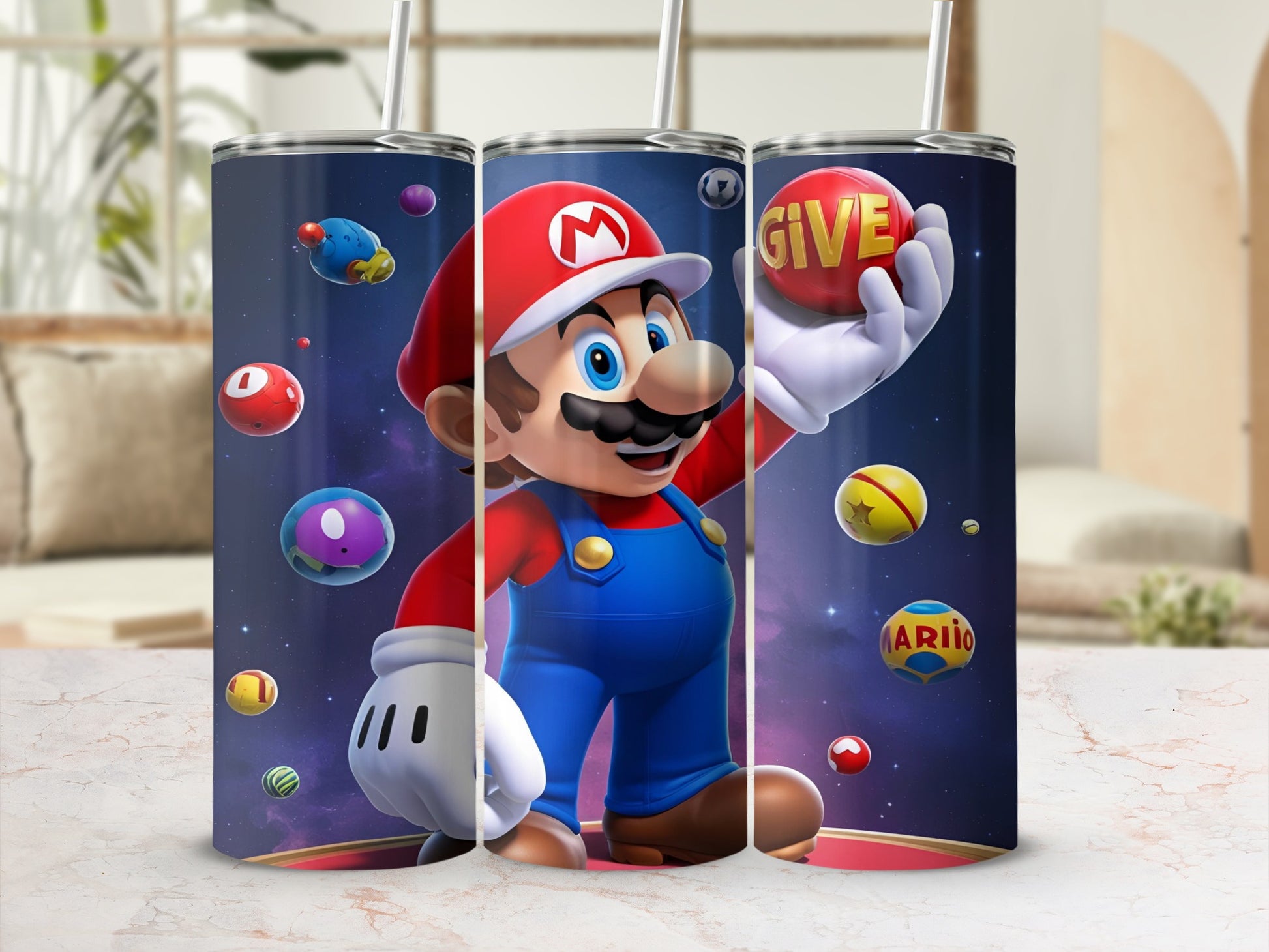 Mario holding a red sphere, with other game elements and the word "GIVE".