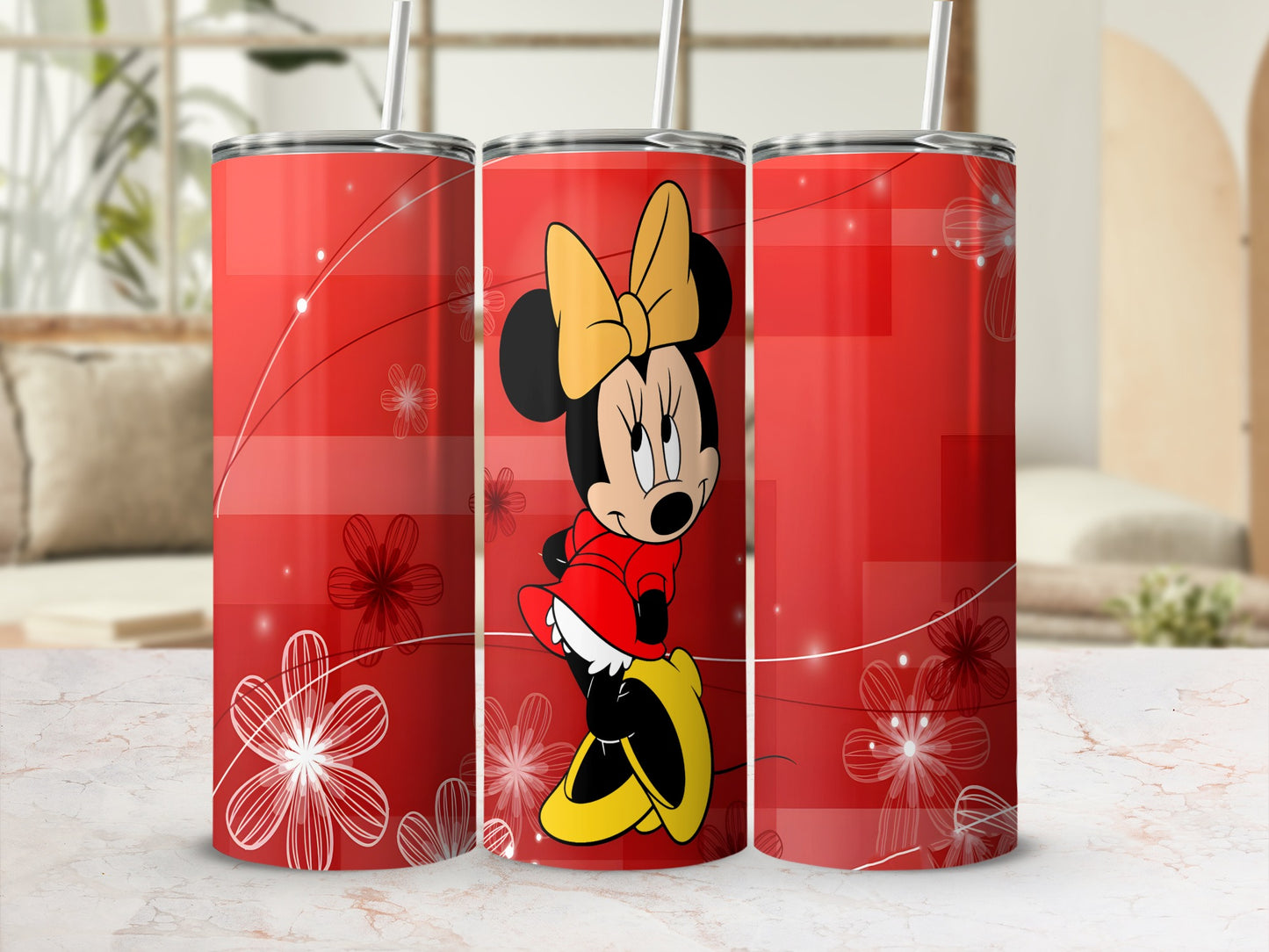 Minnie Mouse on a red tumbler with white floral accents.