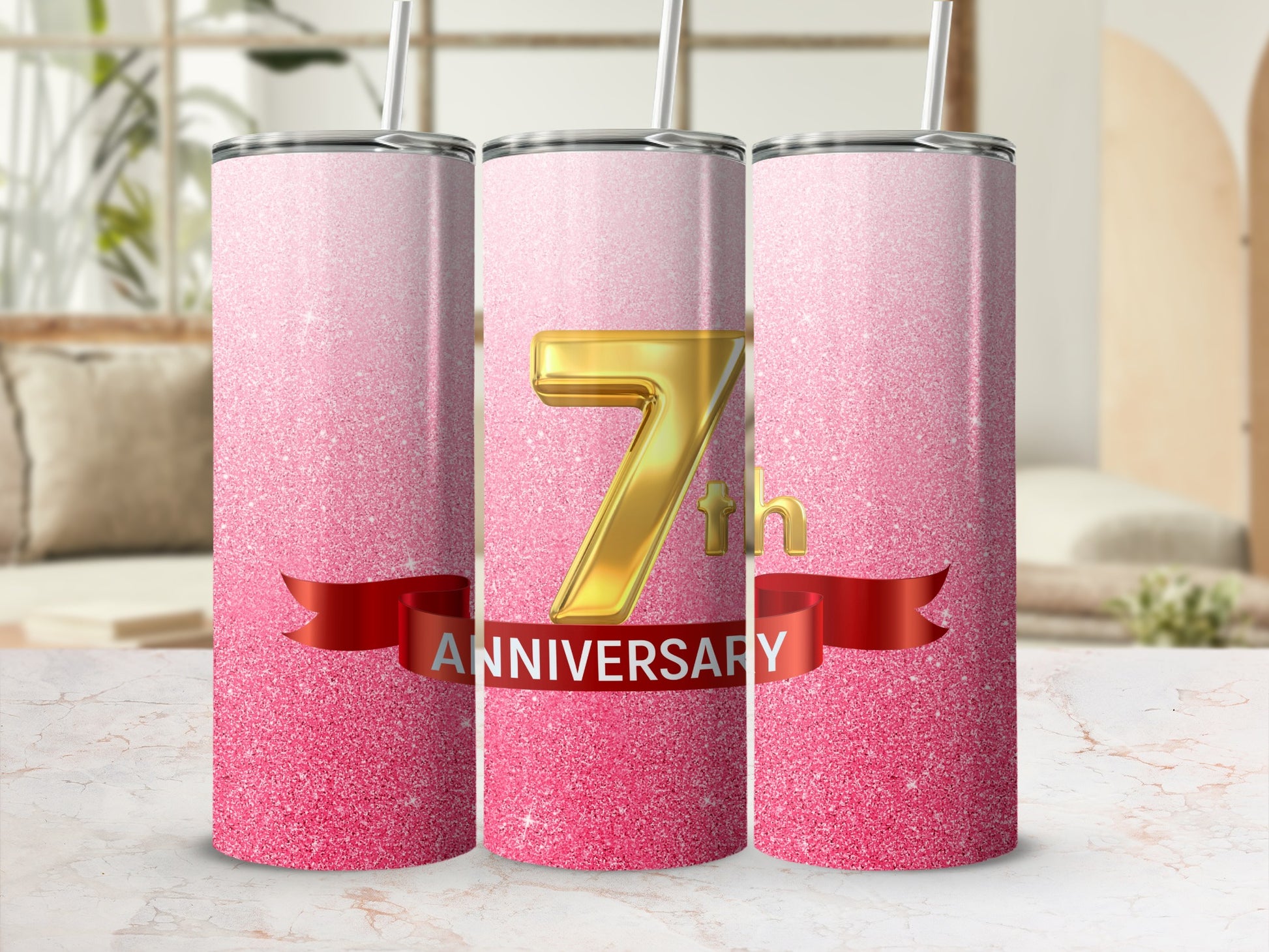 Pink glitter tumbler with gold "7th ANNIVERSARY" text.
