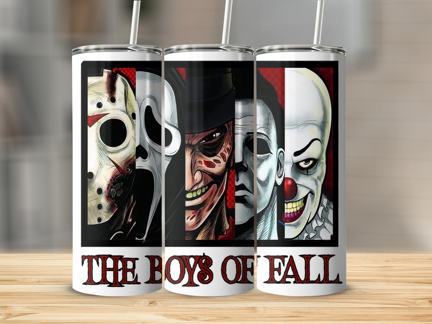 Horror movie villains' faces divided across three tumblers with "The Boys of Fall" text.