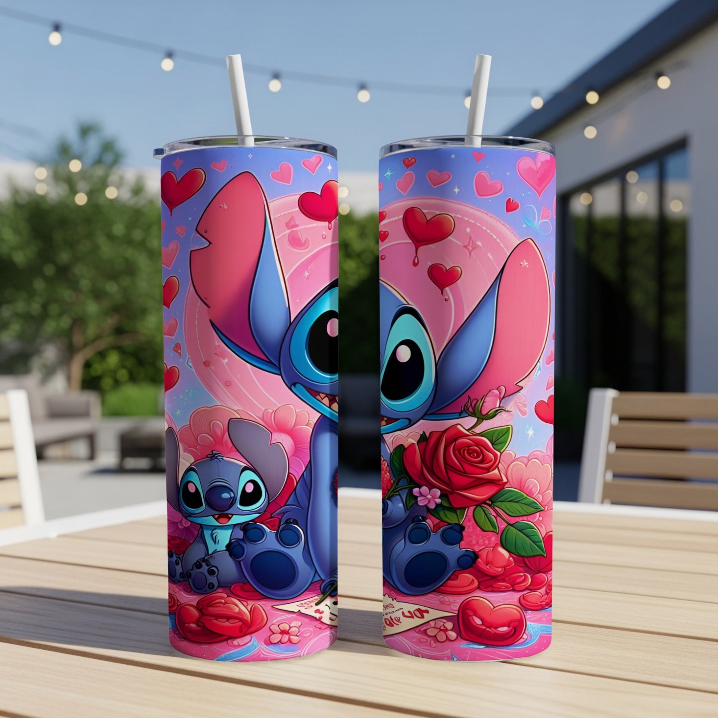 Two Stitch-themed tumblers with hearts, roses, and playful Stitch characters.