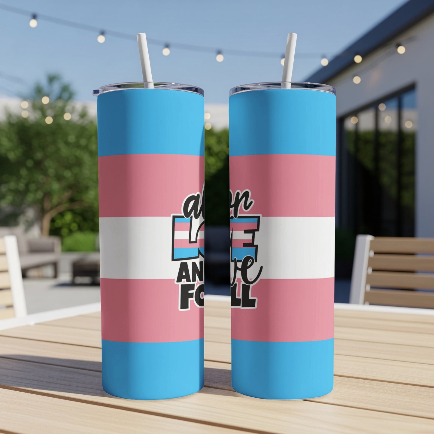 Transgender pride flag tumbler with text "love all".