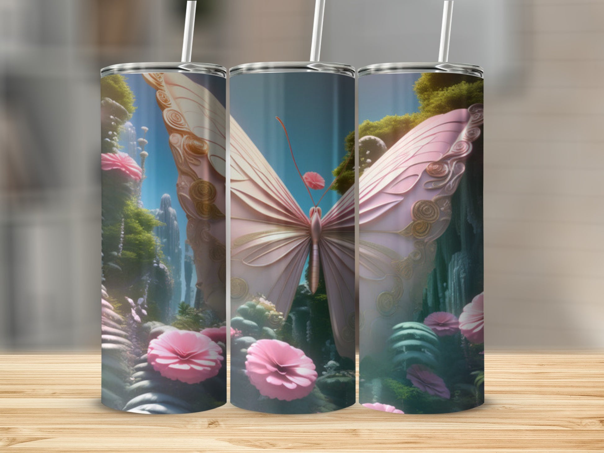 Pink butterfly with ornate wings on fantasy floral background.