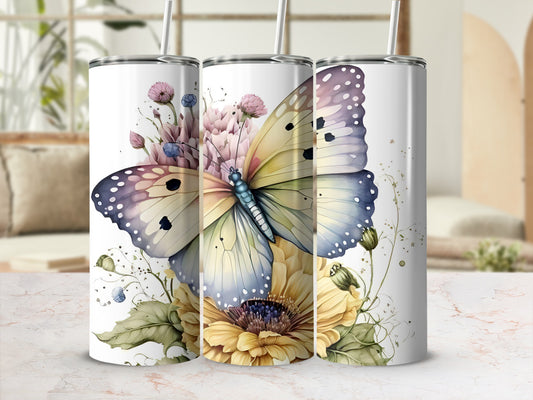 Three tumblers featuring a colorful butterfly and floral design.