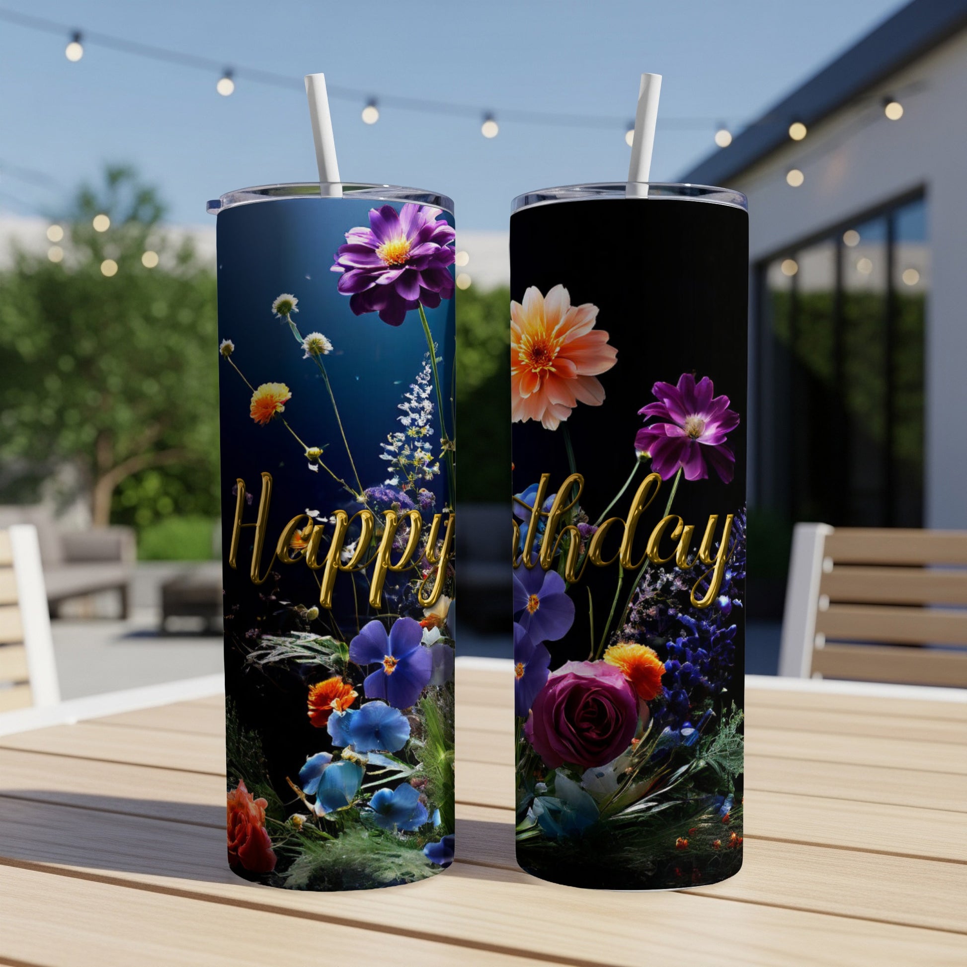 Two tumblers with floral designs and "Happy Birthday" text.
