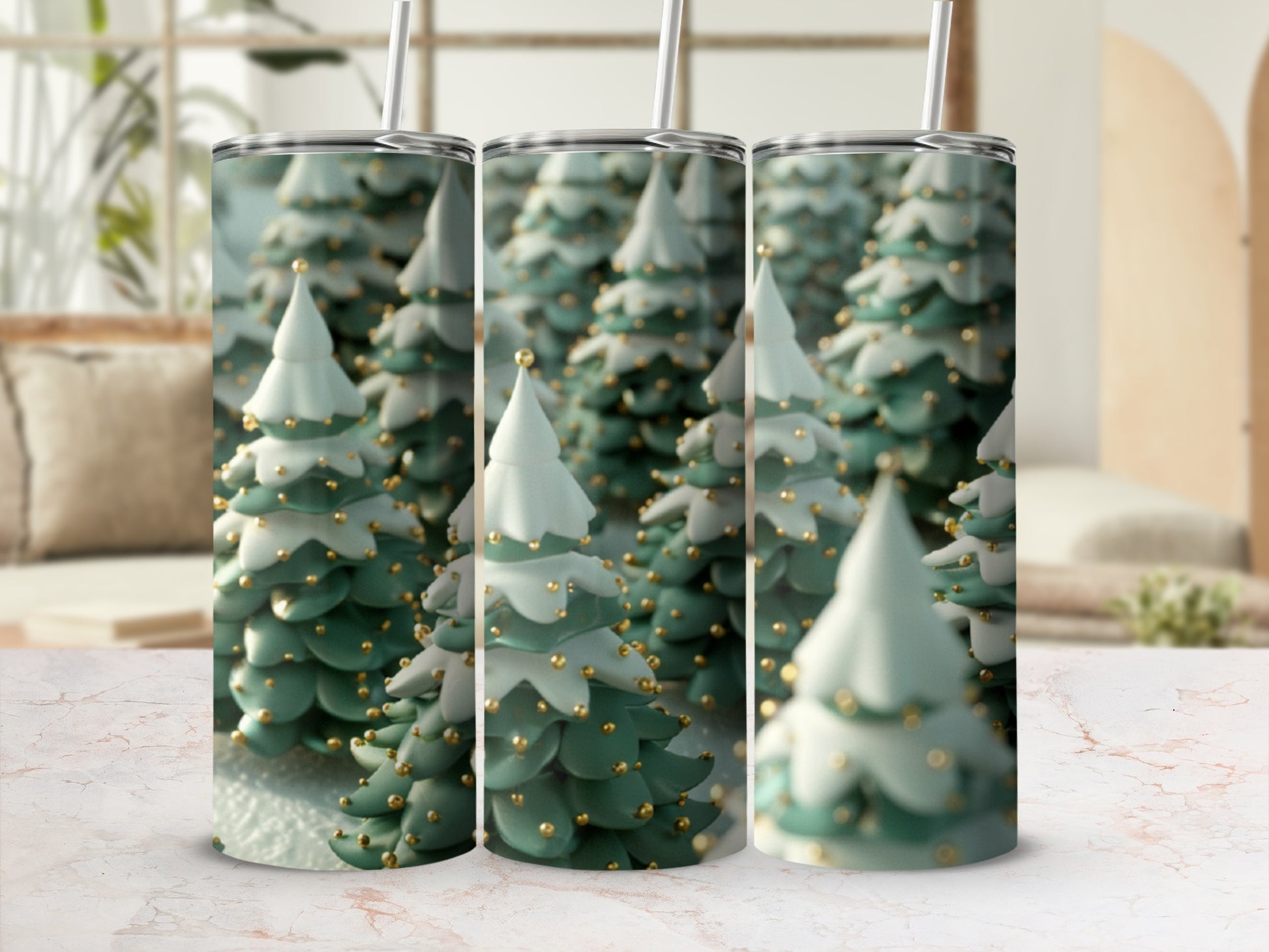 Three decorative green Christmas trees with gold accents and snow.
