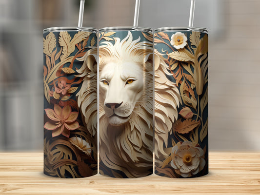 Three tumblers featuring a regal lion and floral pattern.