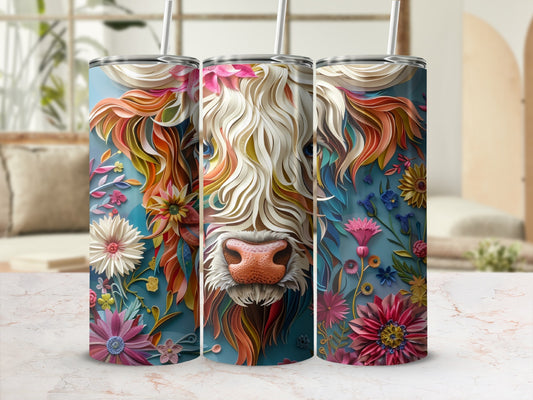 Tall tumbler with a Highland cow's face and floral accents.