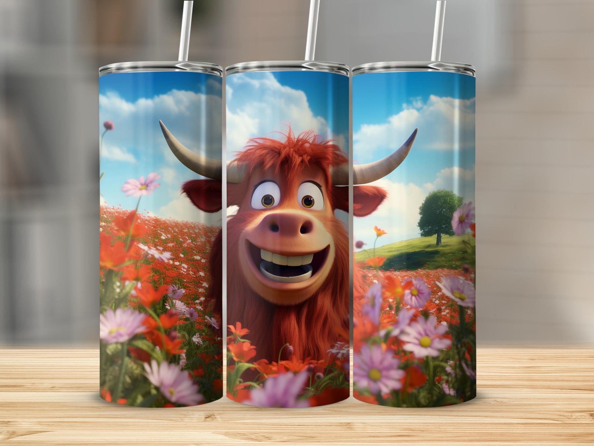 Smiling Cartoon Bull in Flower Field Travel Tumbler