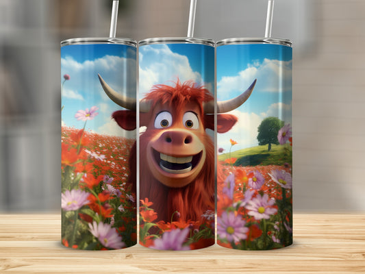 Smiling Cartoon Bull in Flower Field Travel Tumbler