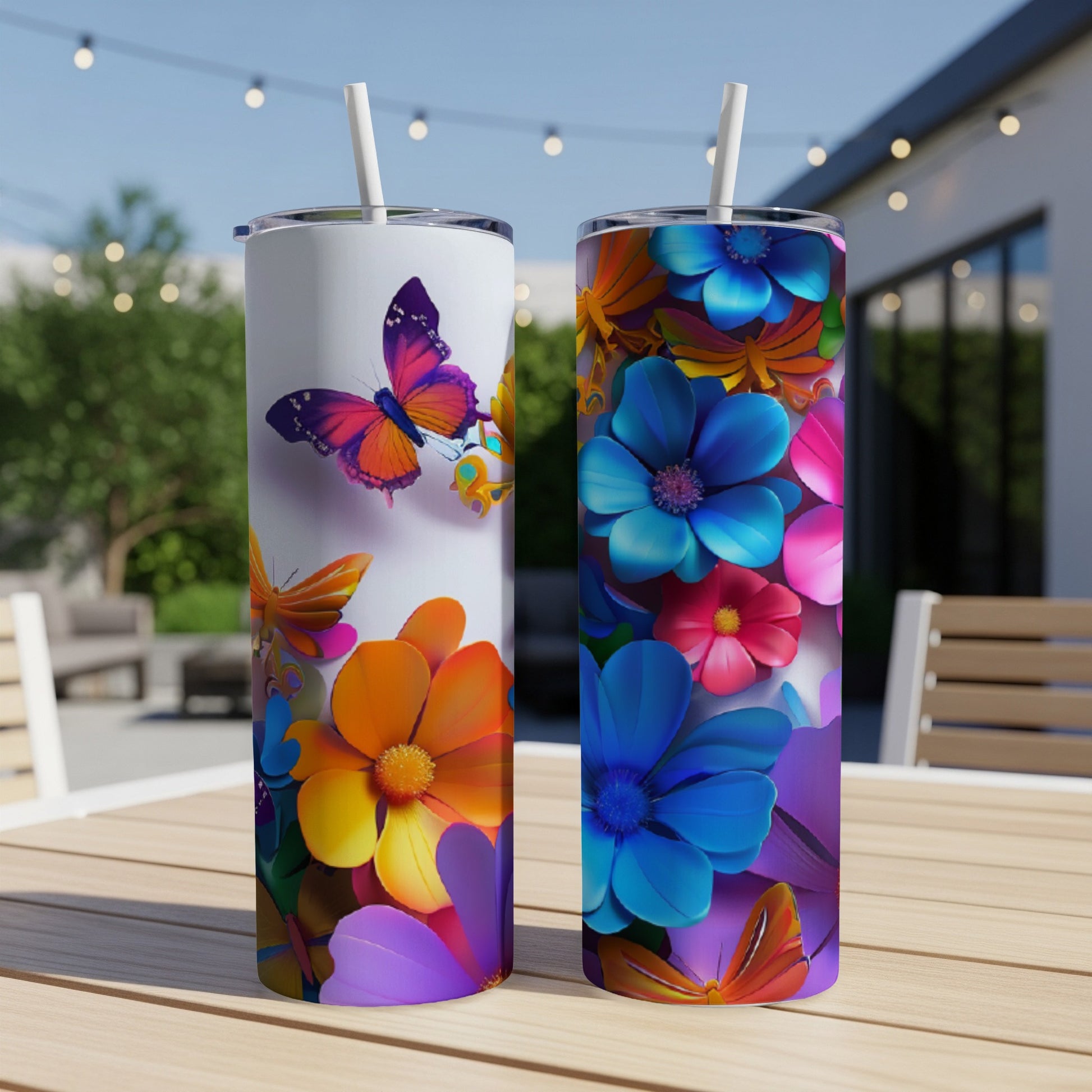 Two tumblers with vibrant floral and butterfly designs sit on a wooden table outdoors.