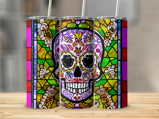Stained glass sugar skull tumbler with floral accents.