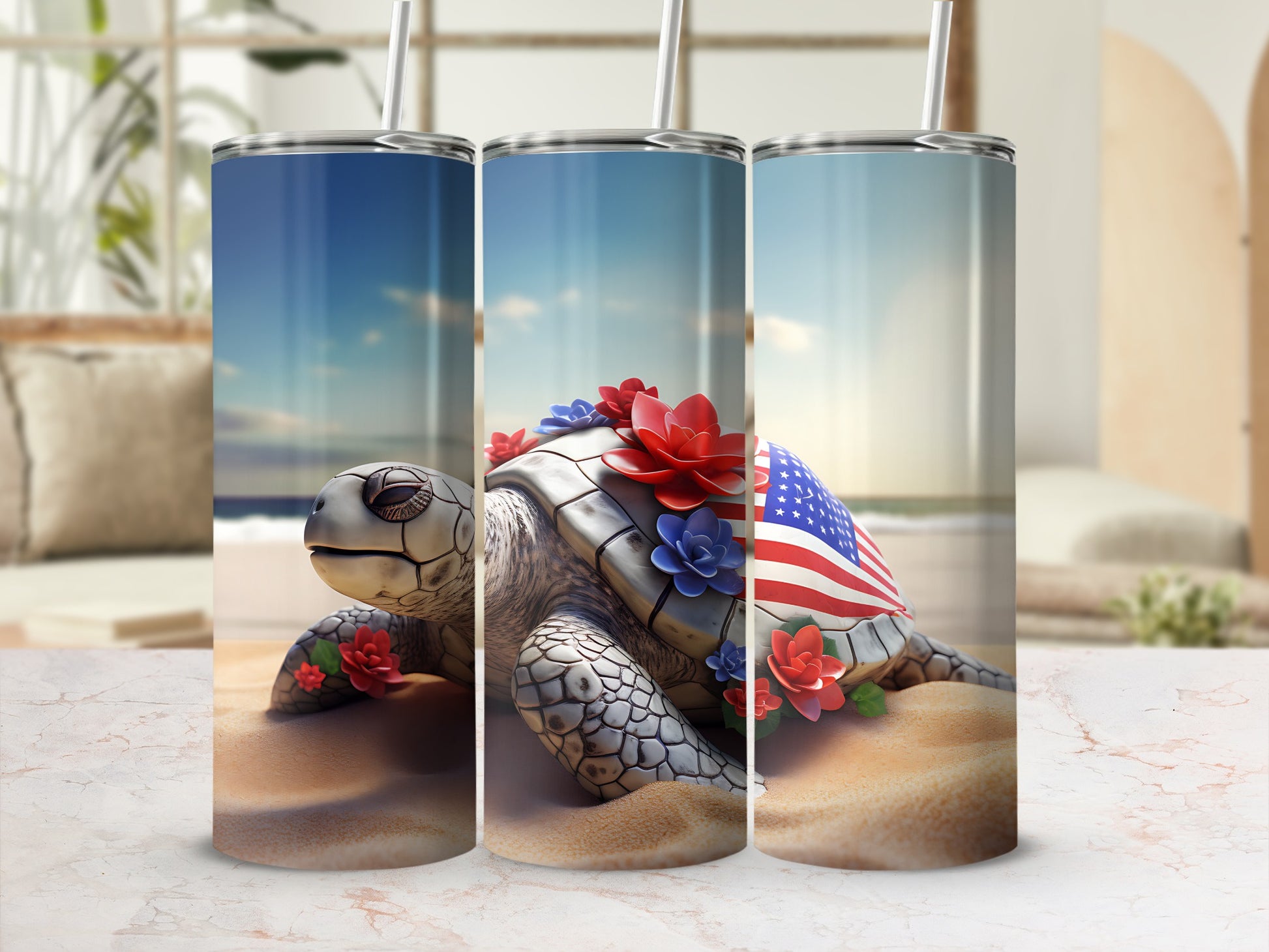 Turtle with flowers and American flag on beach sand.