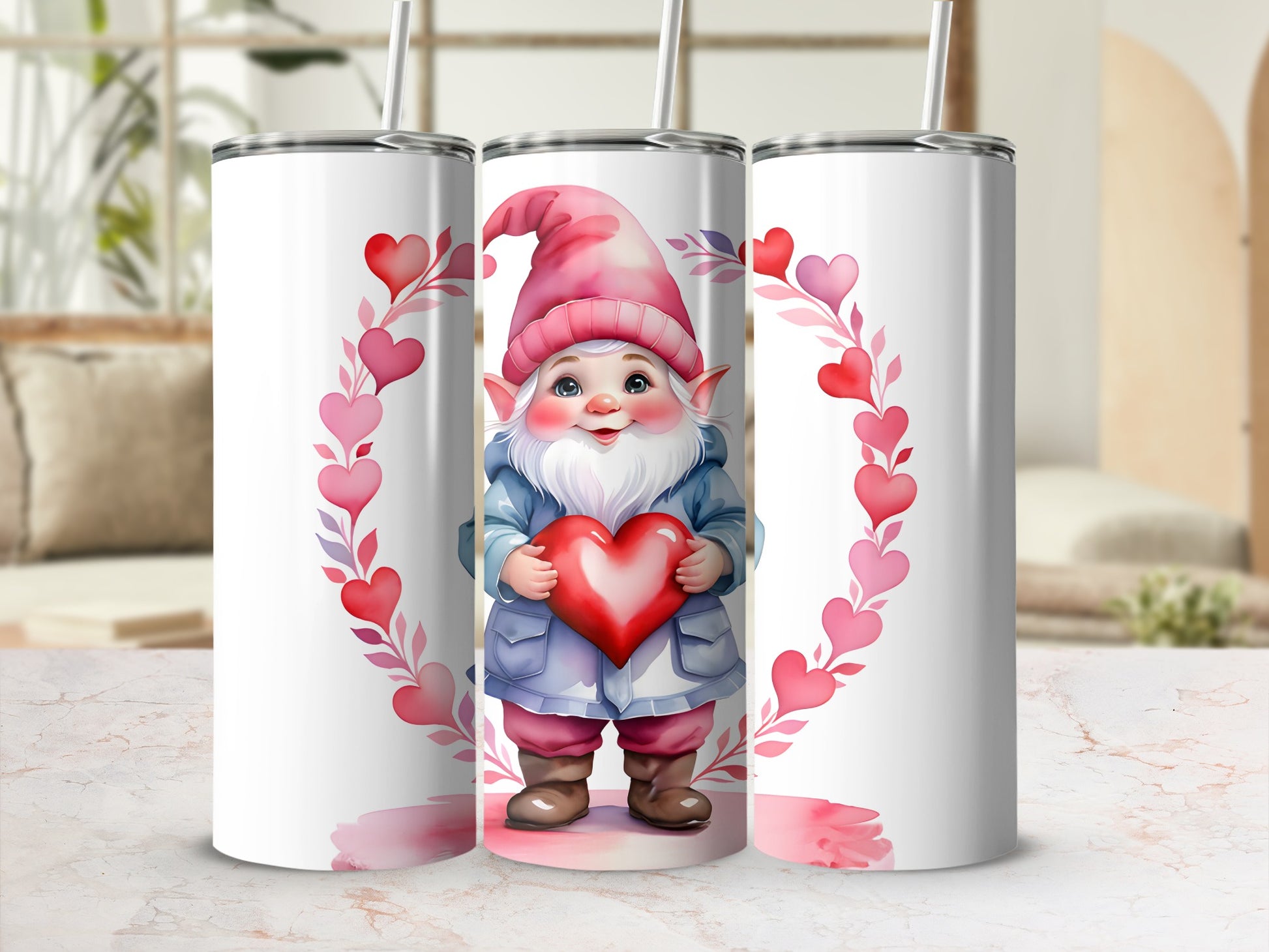Gnome holding a heart inside a heart wreath, three tumblers.